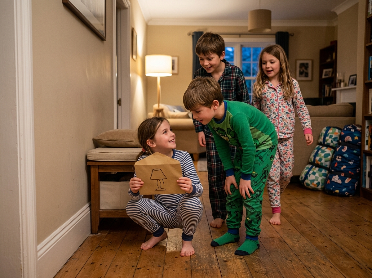 Cuatro niños en pijama buscando una pista escondida durante una fiesta de pijamas.