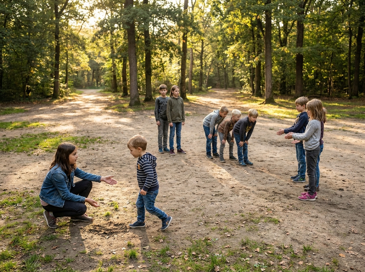 Niños de distintas edades colaboran para colocarse formando una figura en un parque.