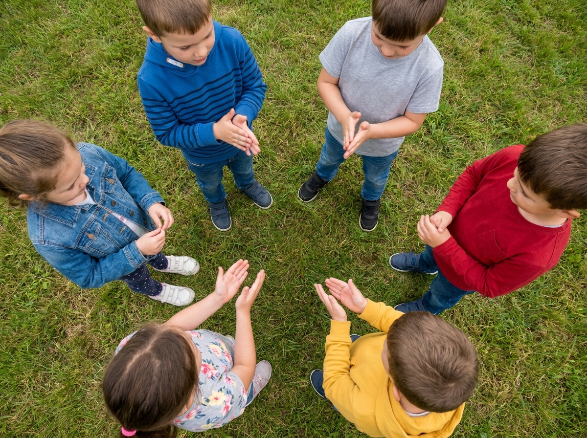 Seis niños forman un círculo sobre el césped y coordinan gestos con las manos vacías.