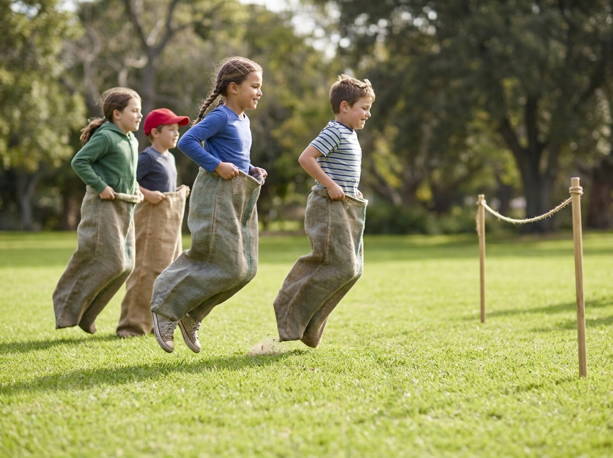 Cuatro niños participando en una carrera de sacos corta sobre césped.