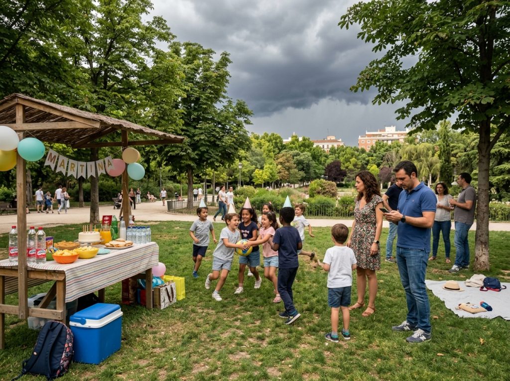 Fiesta de cumpleaños infantil en un parque con zonas bien organizadas, sombra, agua y un tiempo cambiante al fondo.