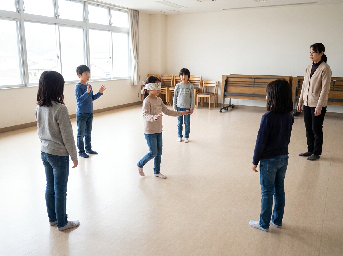 Niños jugando a la gallinita ciega en una sala despejada bajo supervisión adulta.