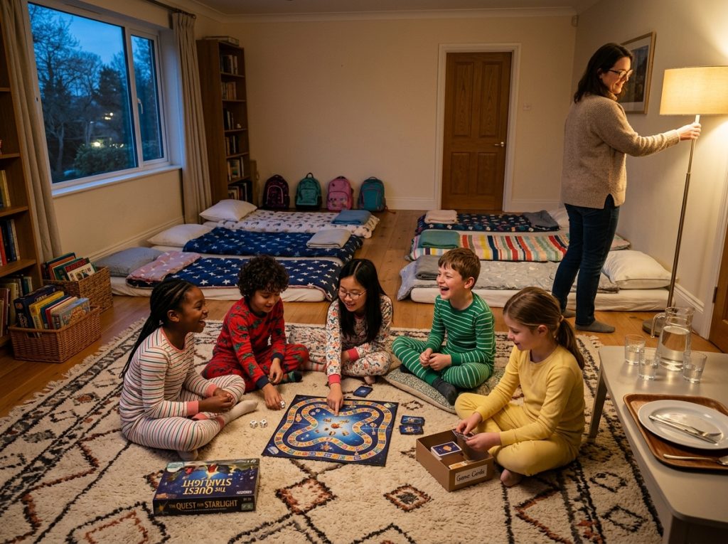 Niños en una fiesta de pijamas jugando en un salón con los sacos de dormir preparados y un adulto supervisando.