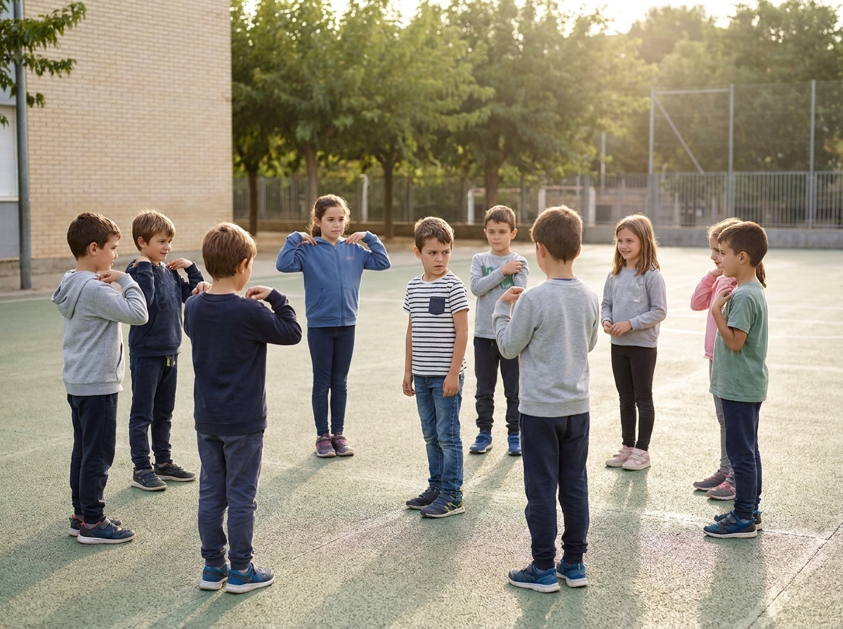 Un niño intenta descubrir quién dirige los gestos de un grupo durante el juego del director de orquesta.