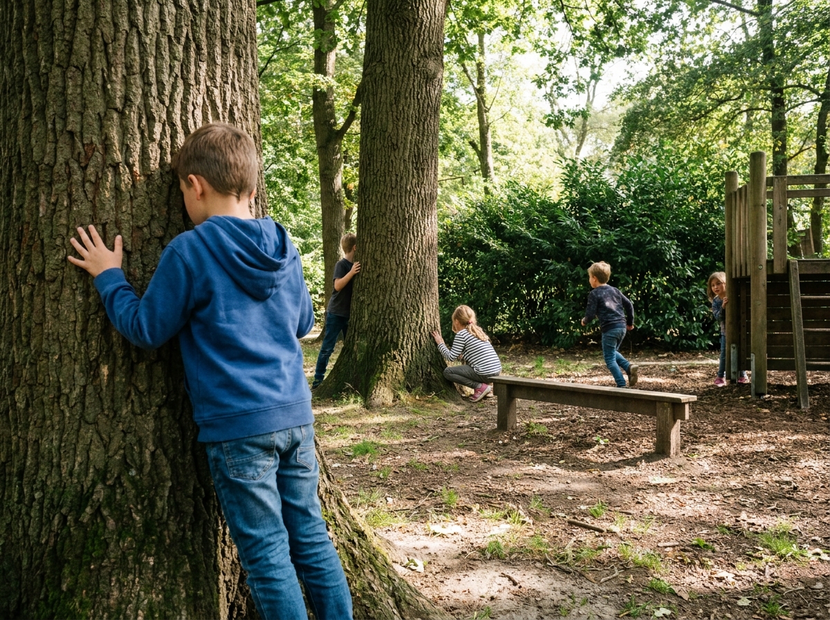 Niños jugando al escondite en un parque mientras uno cuenta apoyado en un árbol.