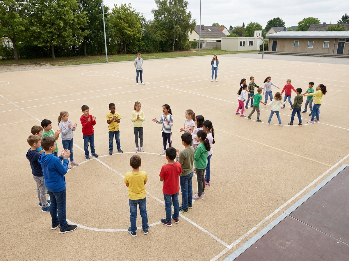 Un grupo numeroso de niños se reparte en tres círculos pequeños para jugar al mismo tiempo.