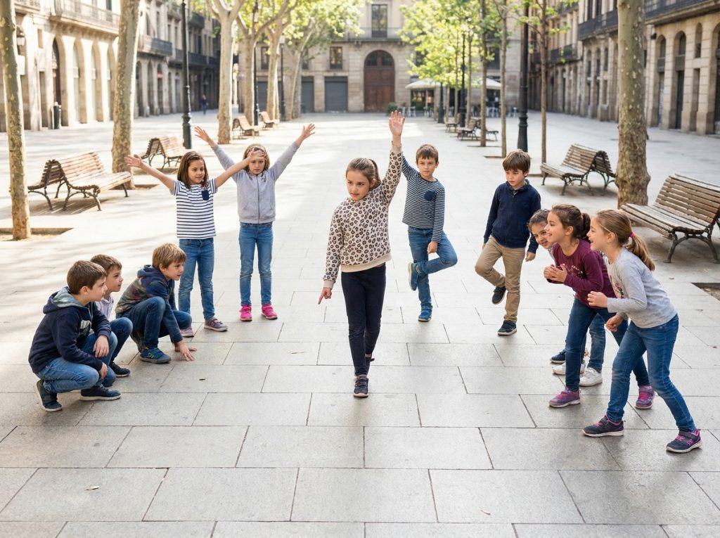 Grupo de niños de distintas edades jugando a una dinámica de consignas sin utilizar ningún material.