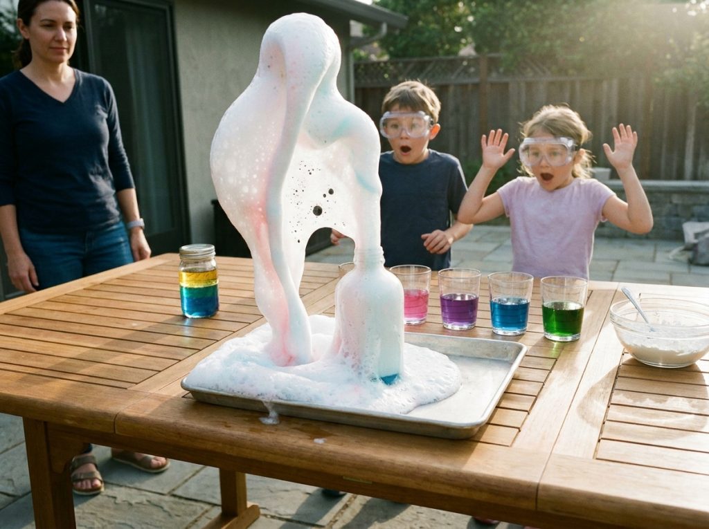 Dos niños con gafas de protección observan una gran erupción de espuma durante varios experimentos científicos en una mesa exterior.