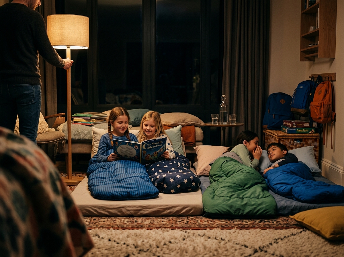 Niños leyendo y hablando tranquilos en sus sacos de dormir mientras un adulto baja la luz del salón.