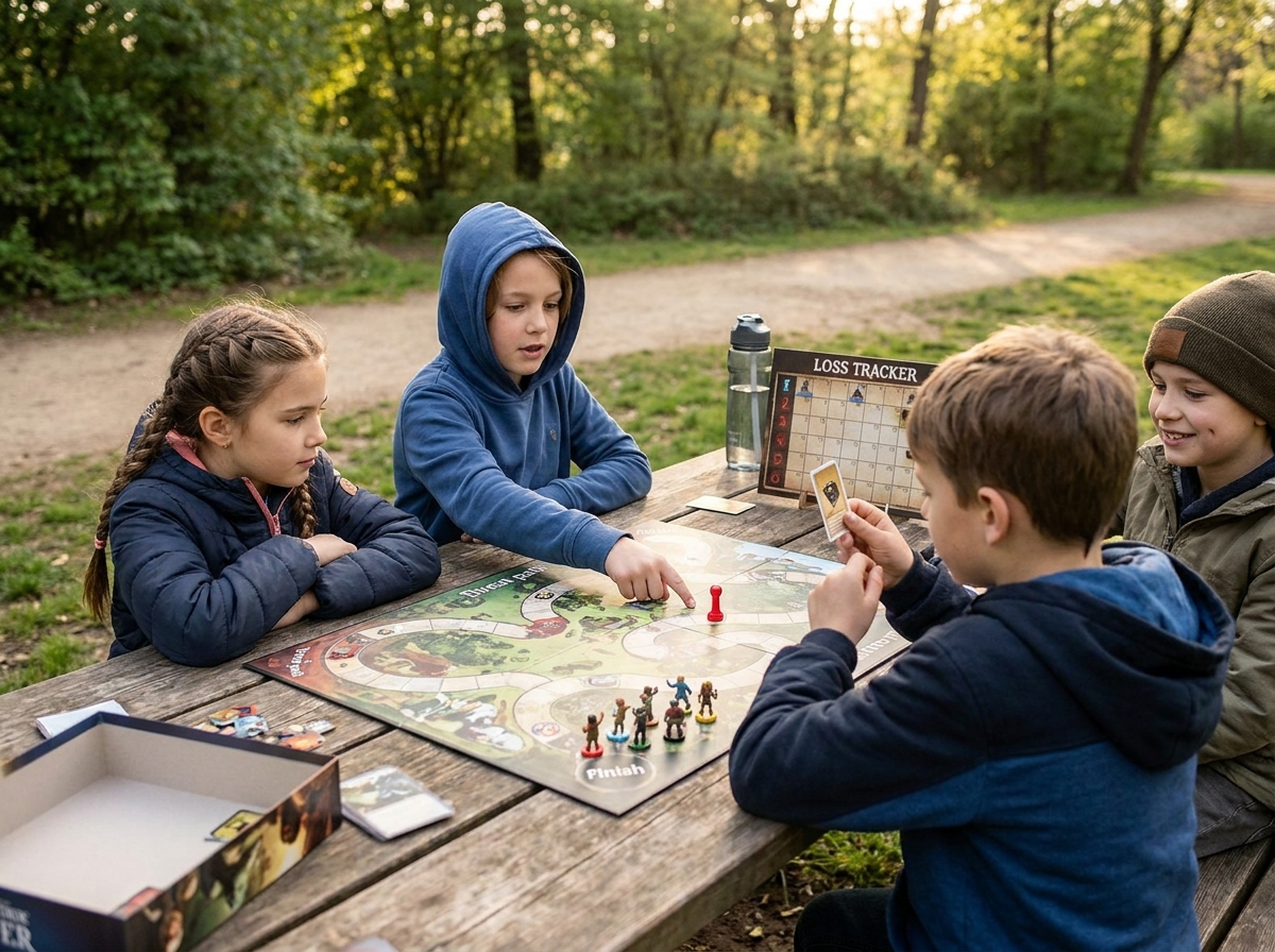 Cuatro niños revisando juntos una partida cooperativa después de perder.