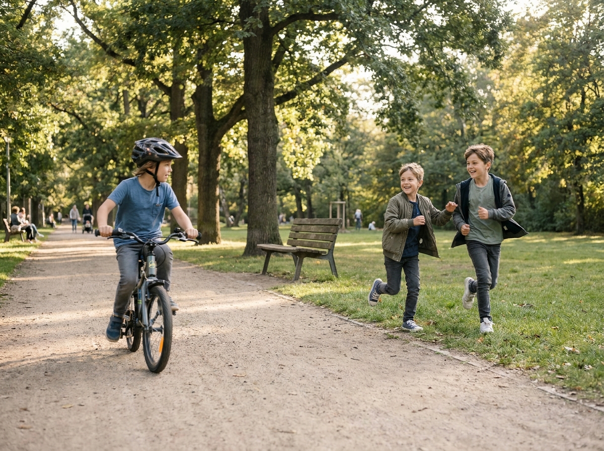 Niños corren y montan en bicicleta durante una tarde de juego en el parque.