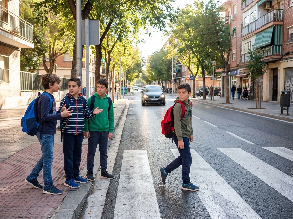 Grupo de niños camino del colegio detenido junto a un cruce mientras uno comprueba el tráfico antes de seguir al resto.