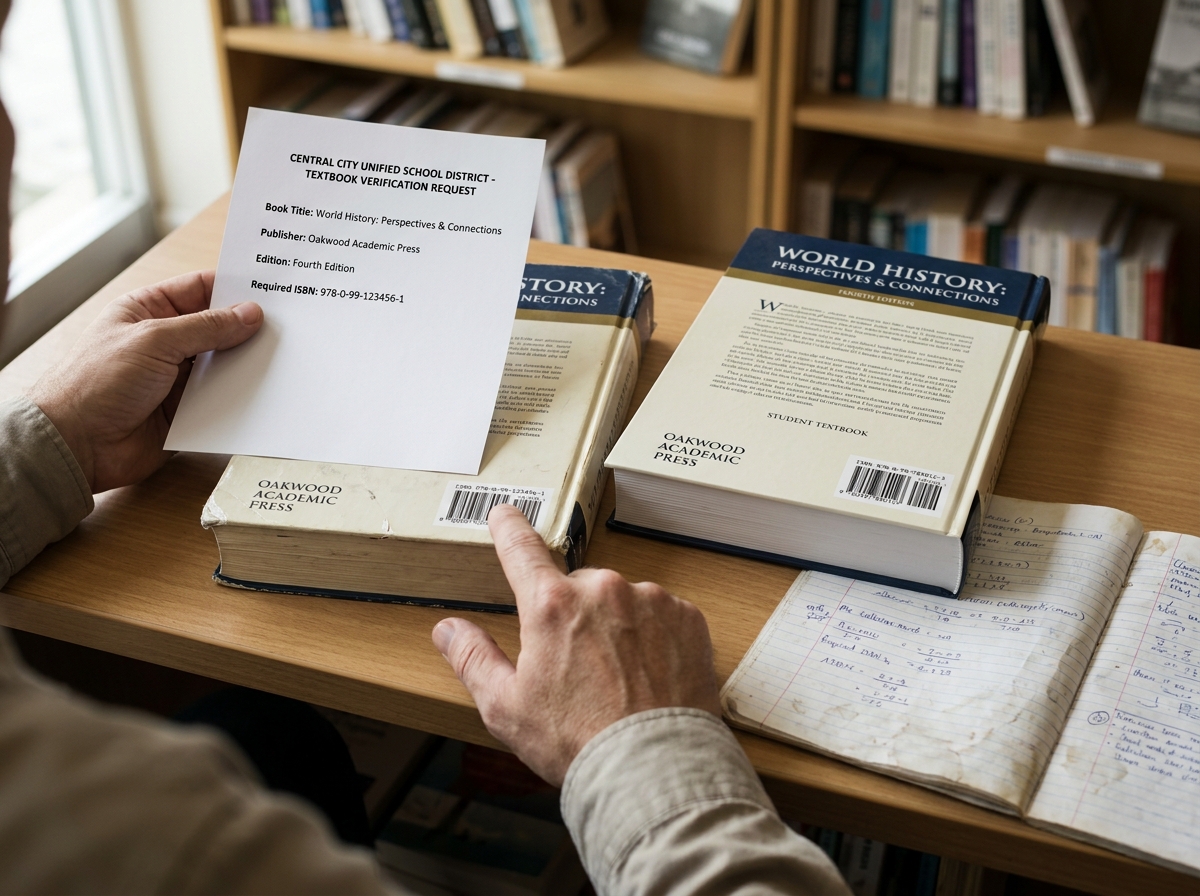 Comparación del ISBN y la edición de dos libros escolares antes de elegir un ejemplar.