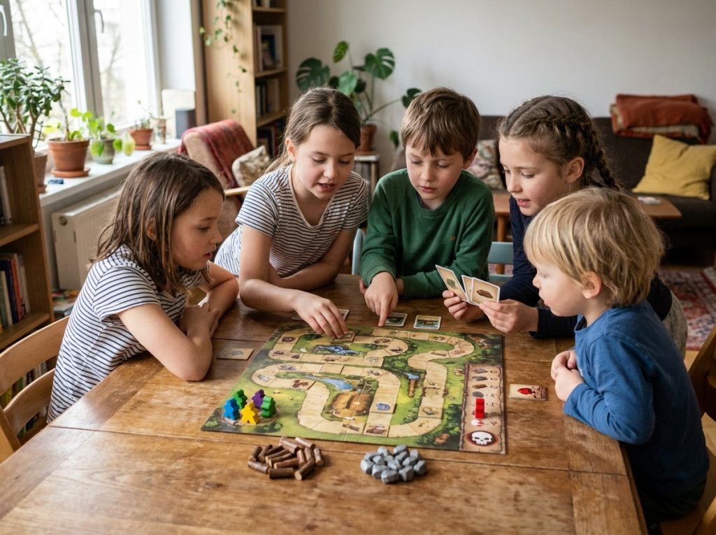 Cuatro niños decidiendo juntos una jugada en un juego de mesa cooperativo.