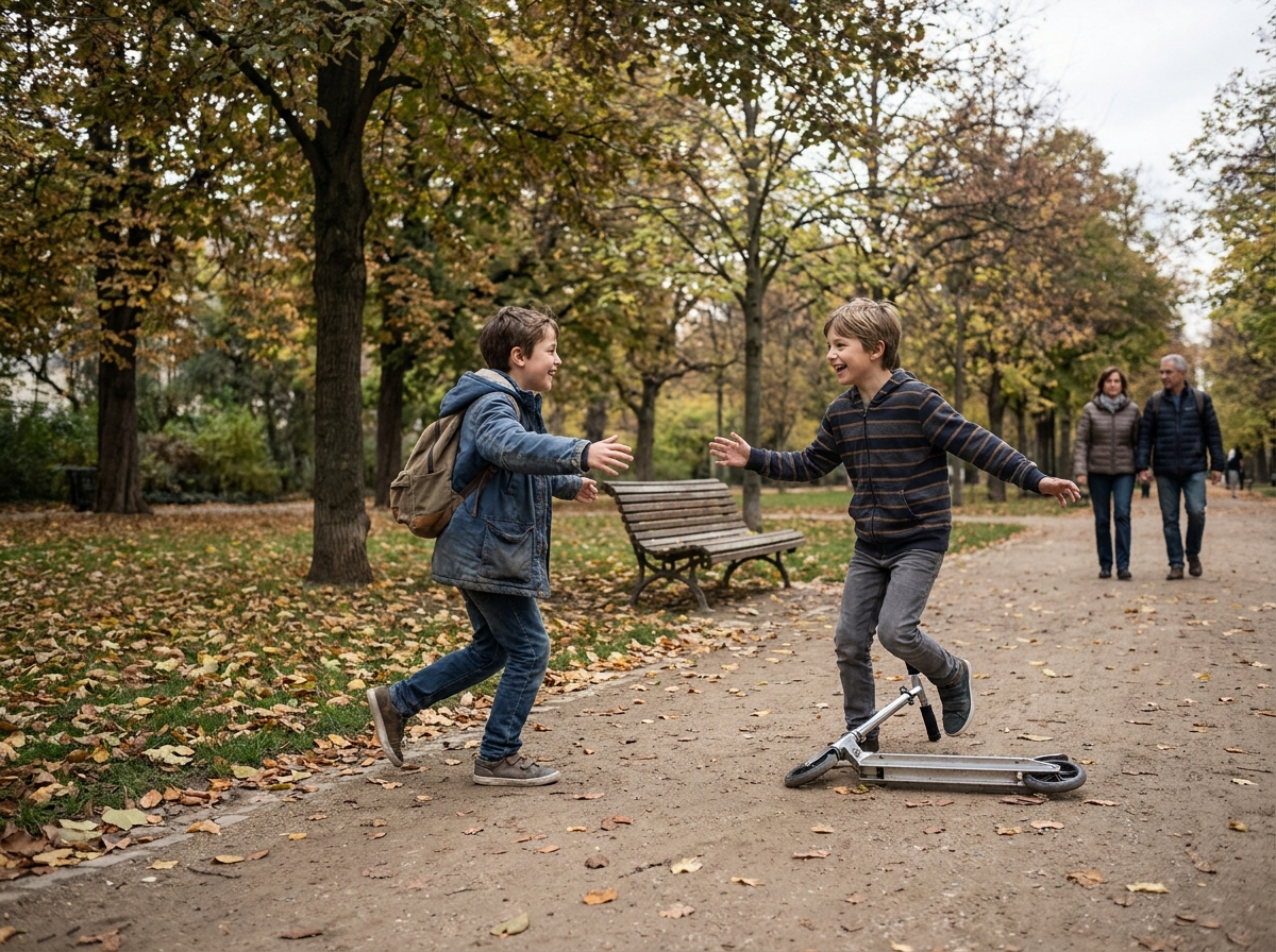 Dos amigos se reencuentran en un parque durante el otoño después de pasar un tiempo sin verse.