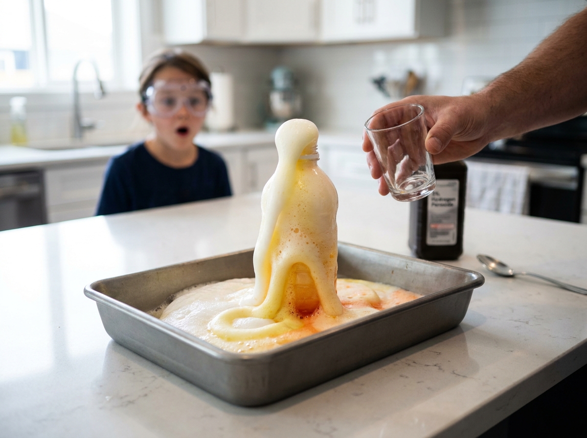 Gran cantidad de espuma sale de una botella durante un experimento de pasta de dientes de elefante.