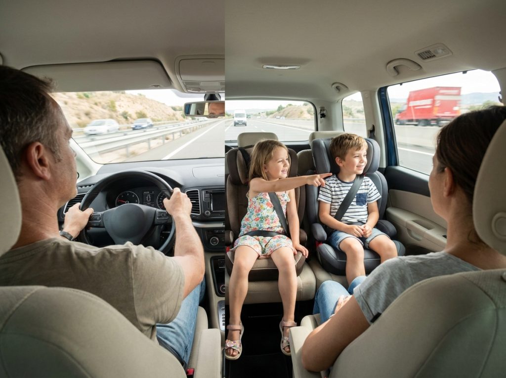 Dos niños abrochados juegan mirando por las ventanillas mientras el conductor mantiene la vista en la carretera.