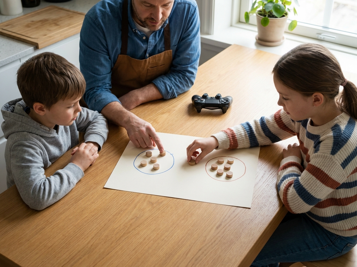 Un padre ayuda a dos hermanos a acordar turnos alrededor de una mesa sin decidir por ellos quién gana.