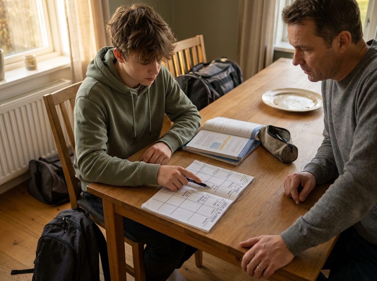 Adolescente y padre revisando juntos cómo organizar la tarde para proteger las horas de sueño.