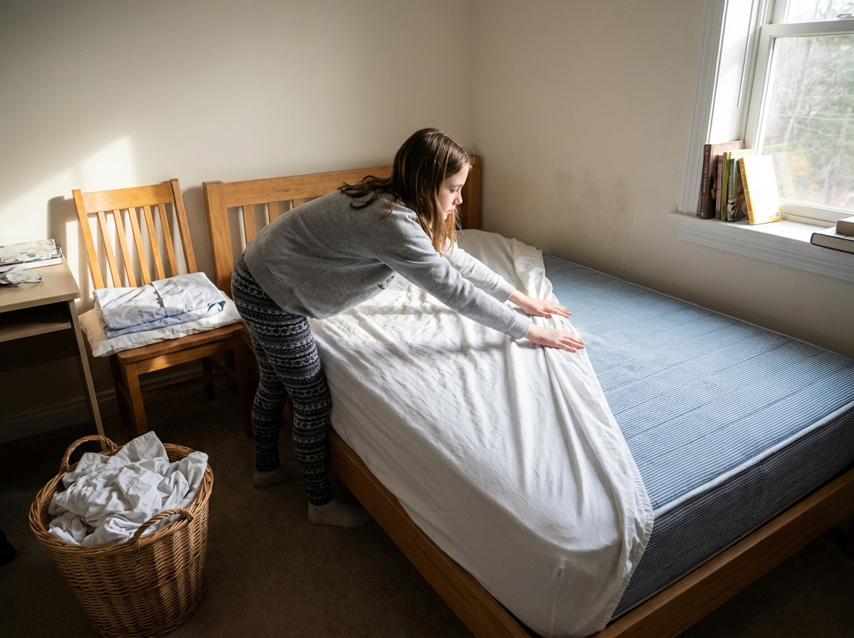 Niña de unos doce años coloca una sábana limpia en su cama.