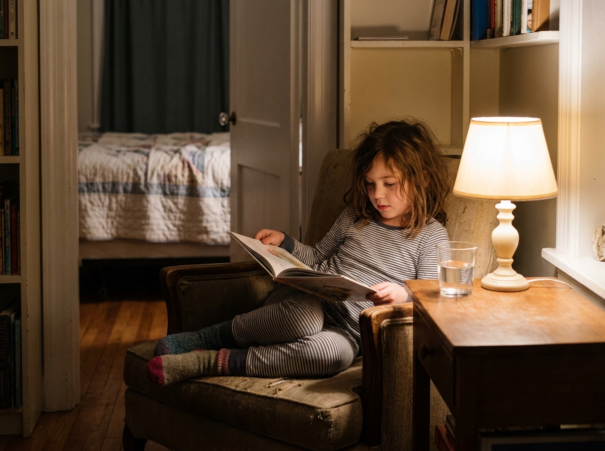 Niña leyendo tranquilamente antes de acostarse durante una rutina nocturna sencilla.