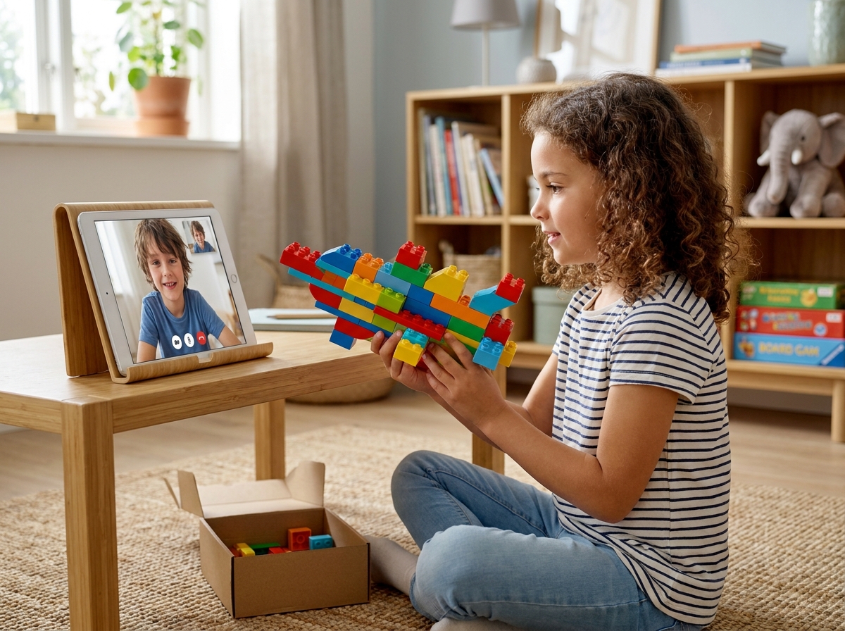 Niña enseñando una construcción a un amigo durante una videollamada.
