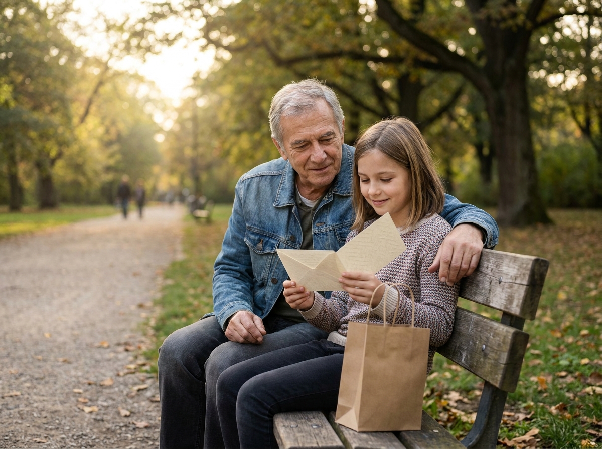 Abuelo entregando una tarjeta de cumpleaños a su nieta de unos once años en un parque.