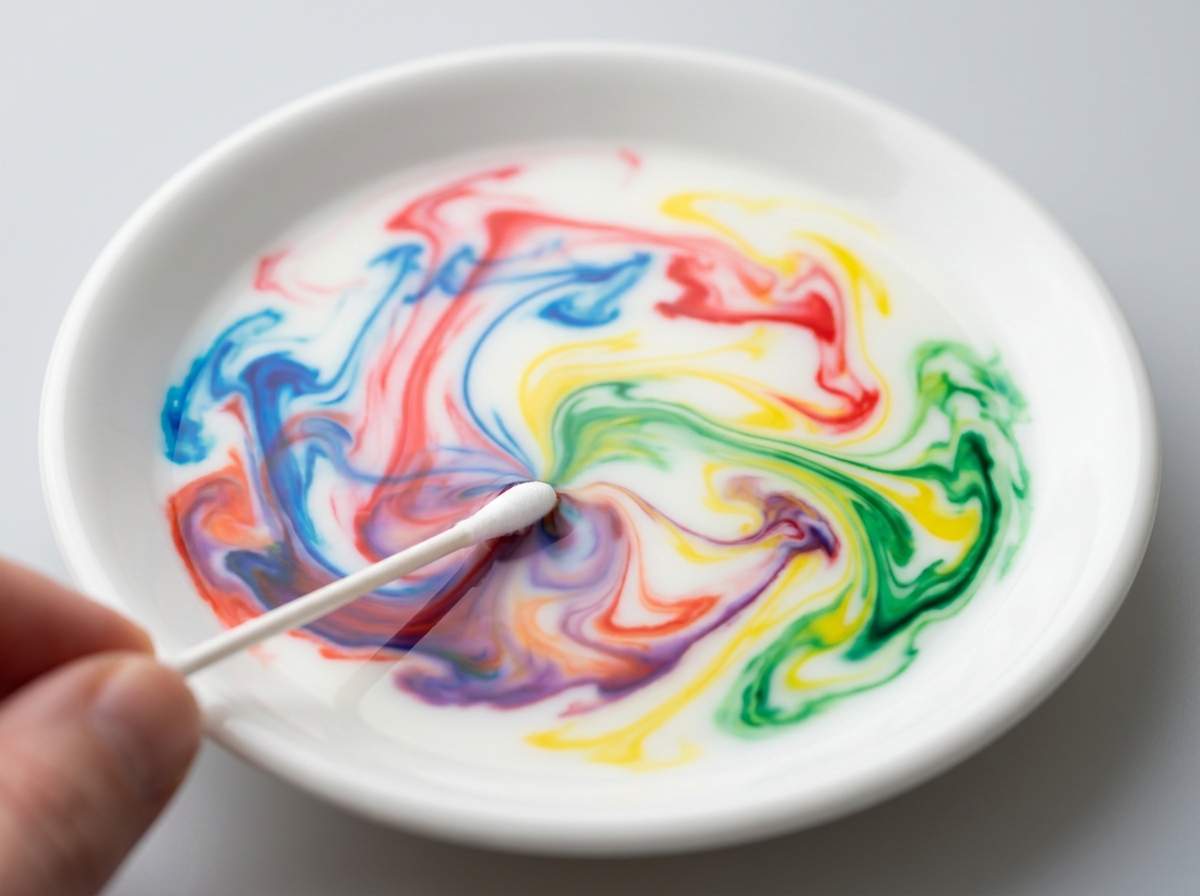 Remolinos de varios colores se expanden sobre la leche al tocarla con un bastoncillo con jabón.