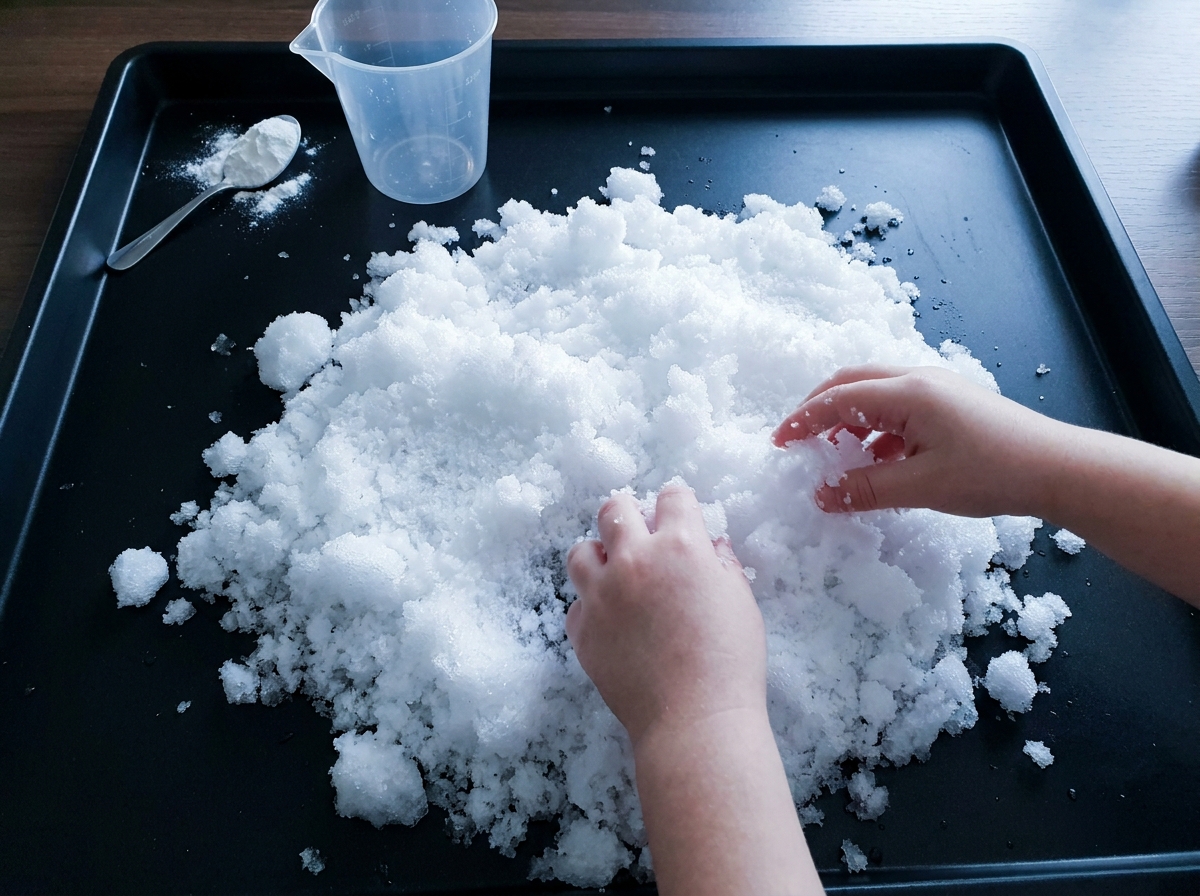 Dos manos juegan con una gran cantidad de nieve artificial formada al añadir agua a un polímero superabsorbente.