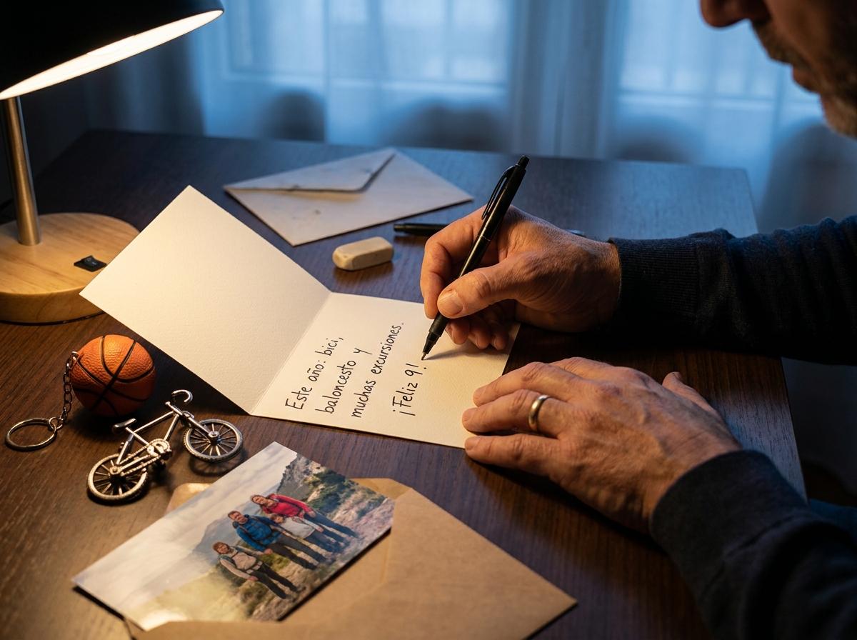 Manos escribiendo una felicitación personalizada junto a pequeños recuerdos y objetos relacionados con el niño.