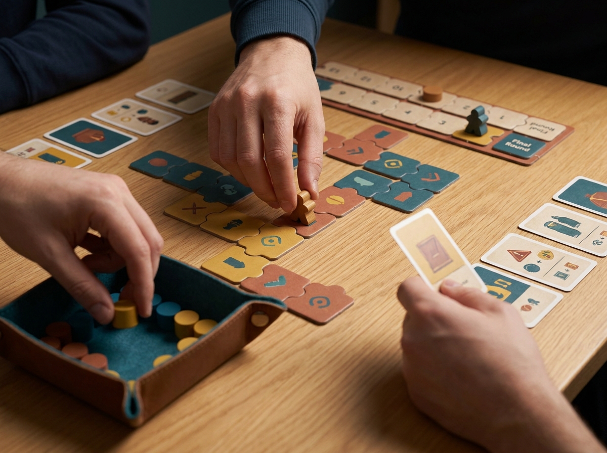 Manos jugando con un tablero que combina recorrido, cuenta atrás, recursos y cartas de pistas.
