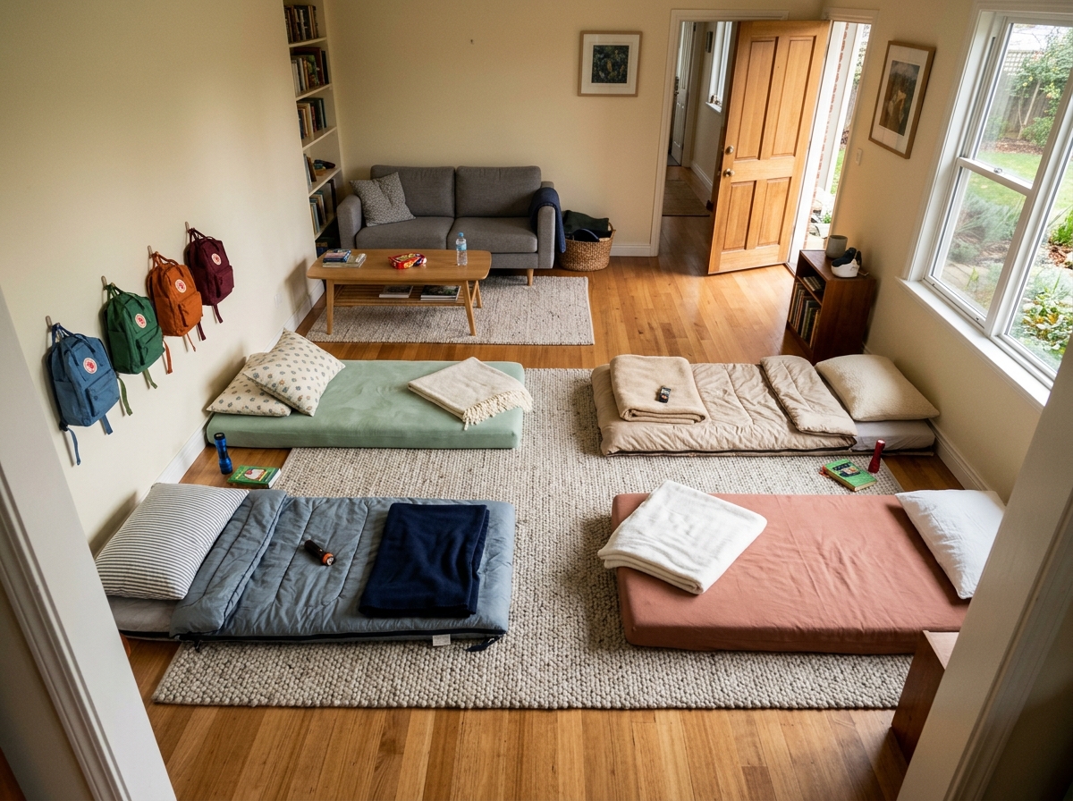 Cuatro sacos de dormir colocados en un salón dejando un pasillo libre para moverse con comodidad.