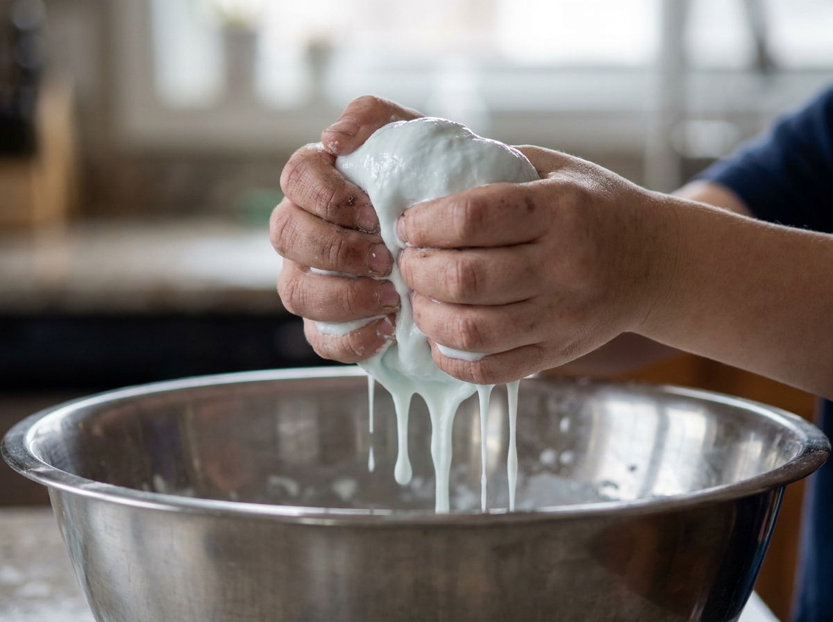 Unas manos aprietan Oobleck mientras parte de la mezcla sólida vuelve a fluir entre los dedos.
