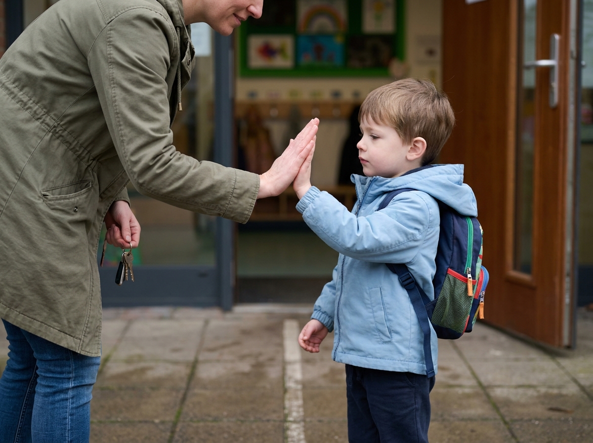 Madre y niño realizando un pequeño gesto de despedida antes de entrar en el colegio.