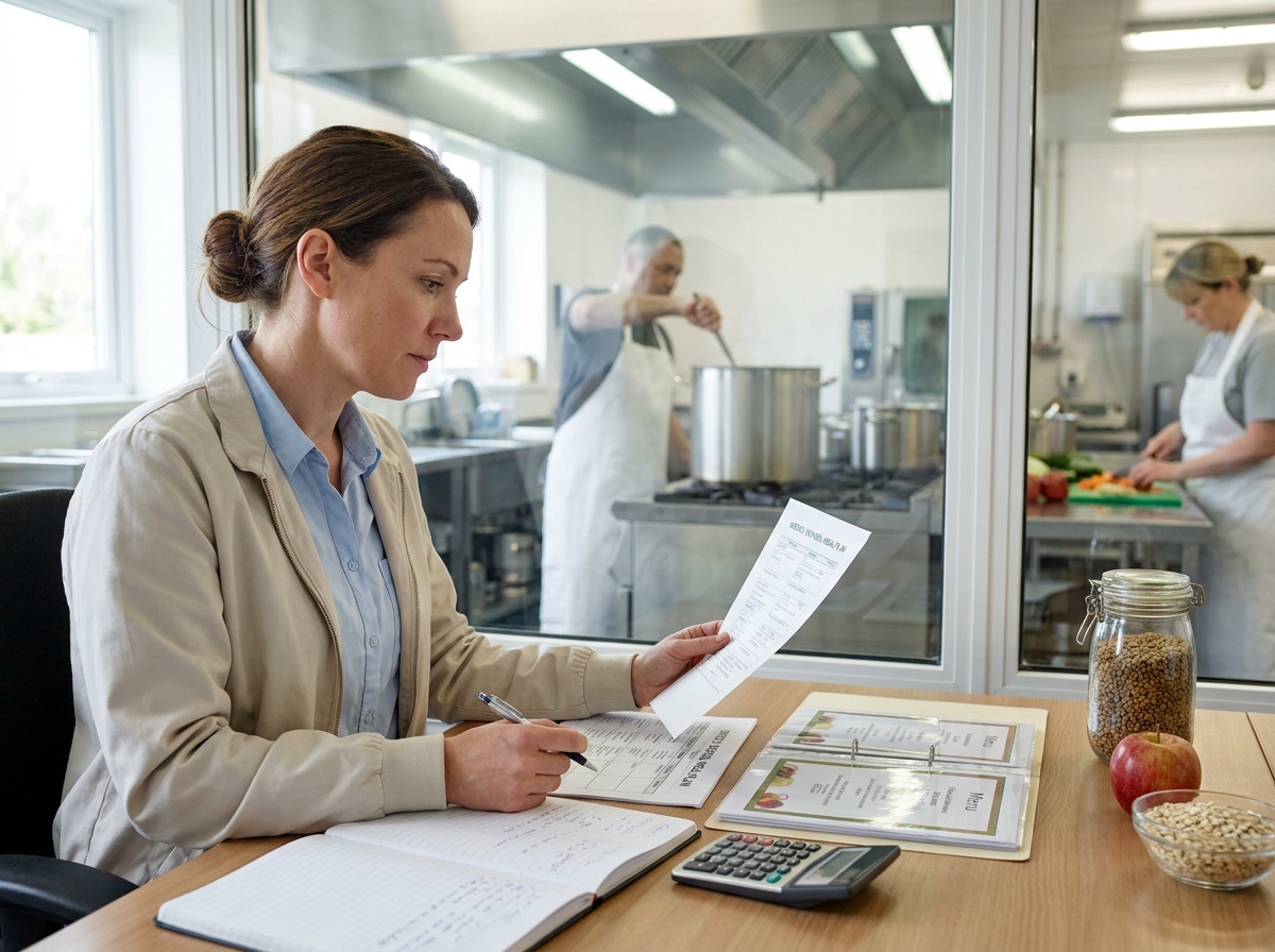 Profesional de nutrición revisando la planificación de menús junto a una cocina escolar.