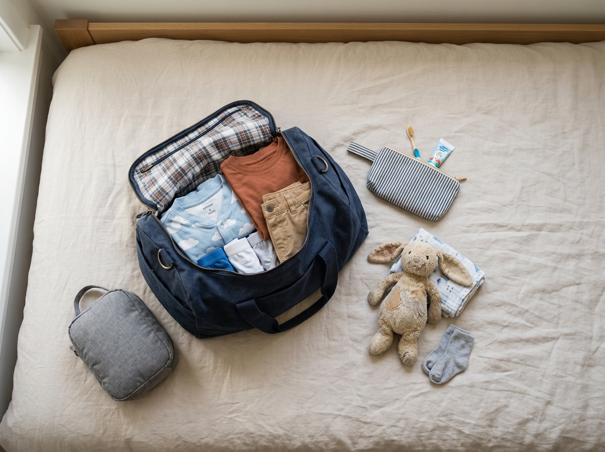 Mochila abierta con pijama, ropa, cepillo de dientes, neceser, manta y peluche para pasar una noche fuera.