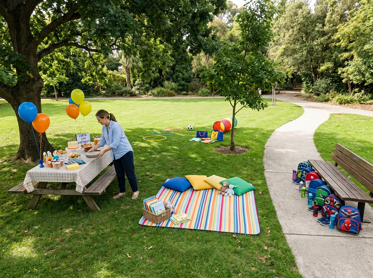Un cumpleaños en el parque distribuido en zonas separadas para jugar, merendar, descansar y dejar pertenencias.