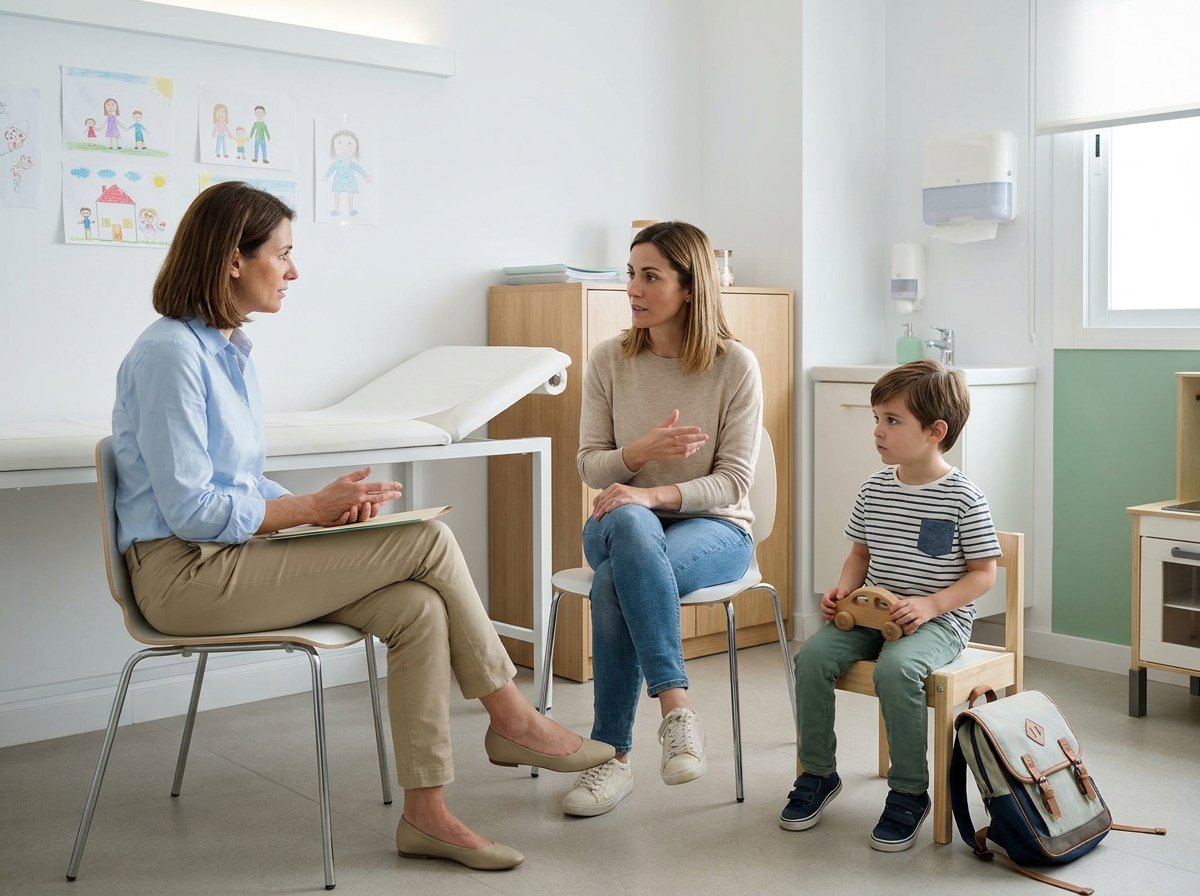Pediatra hablando con una madre y su hijo sobre una dificultad persistente relacionada con el colegio.