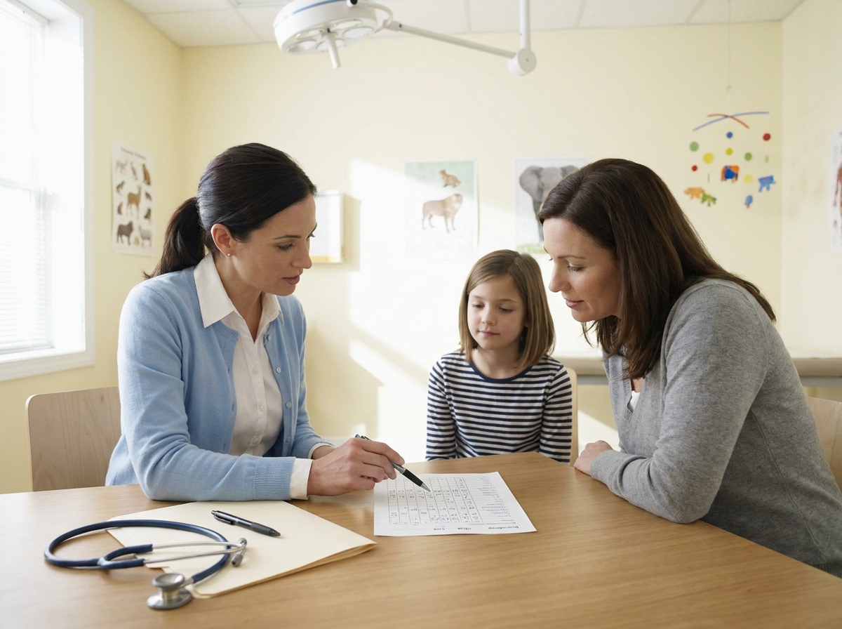 Pediatra revisando con una familia un registro de problemas persistentes de sueño infantil.