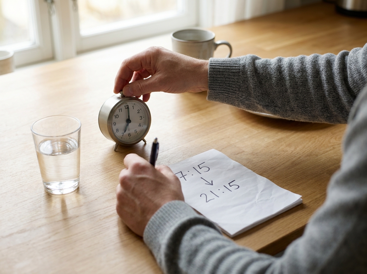 Adulto calculando la hora de dormir a partir de un despertador ajustado a las 7:15.