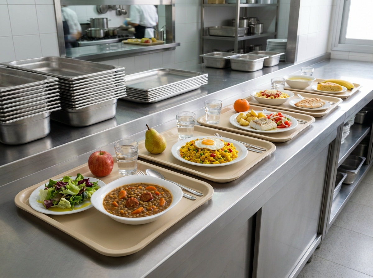 Varias bandejas de comedor escolar con legumbres, pescado, verduras, arroz, pasta, fruta y agua.