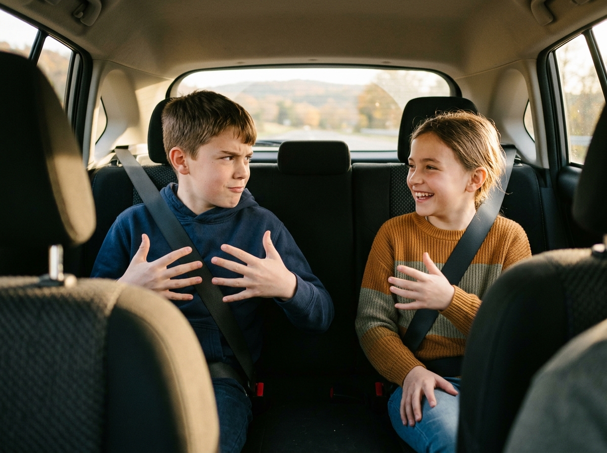 Dos hermanos abrochados participan juntos en un juego durante el viaje en coche.
