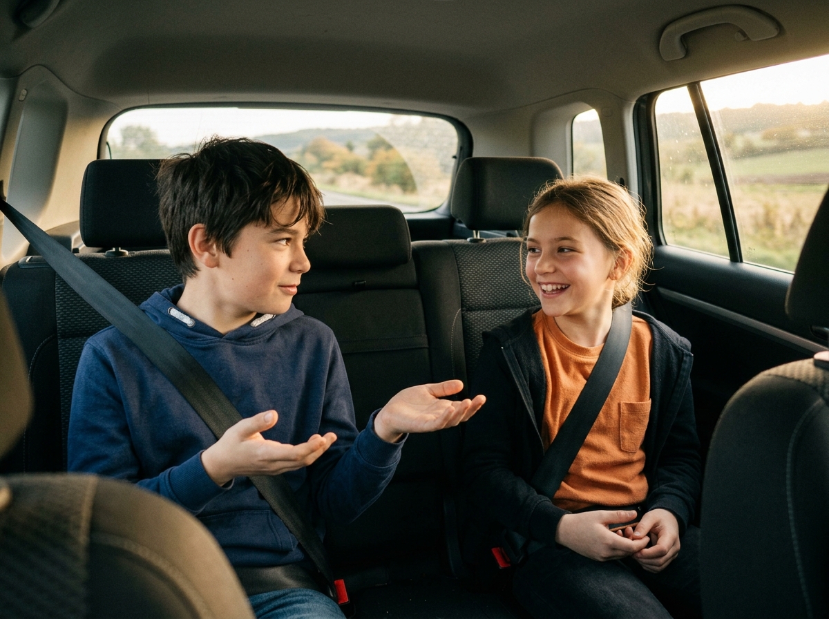 Dos niños mayores conversan y gesticulan durante un juego de palabras en el coche.