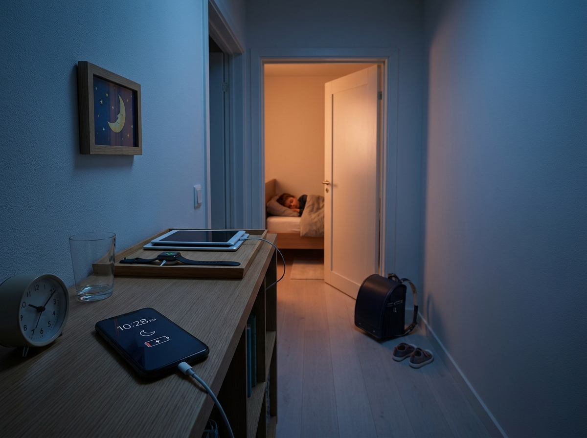 Teléfono cargando en el pasillo durante la noche mientras el niño duerme en su dormitorio.