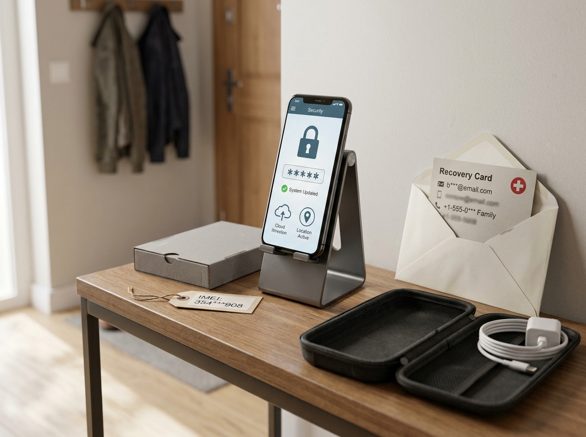Teléfono configurado con bloqueo, copia de seguridad, localización y datos de recuperación.