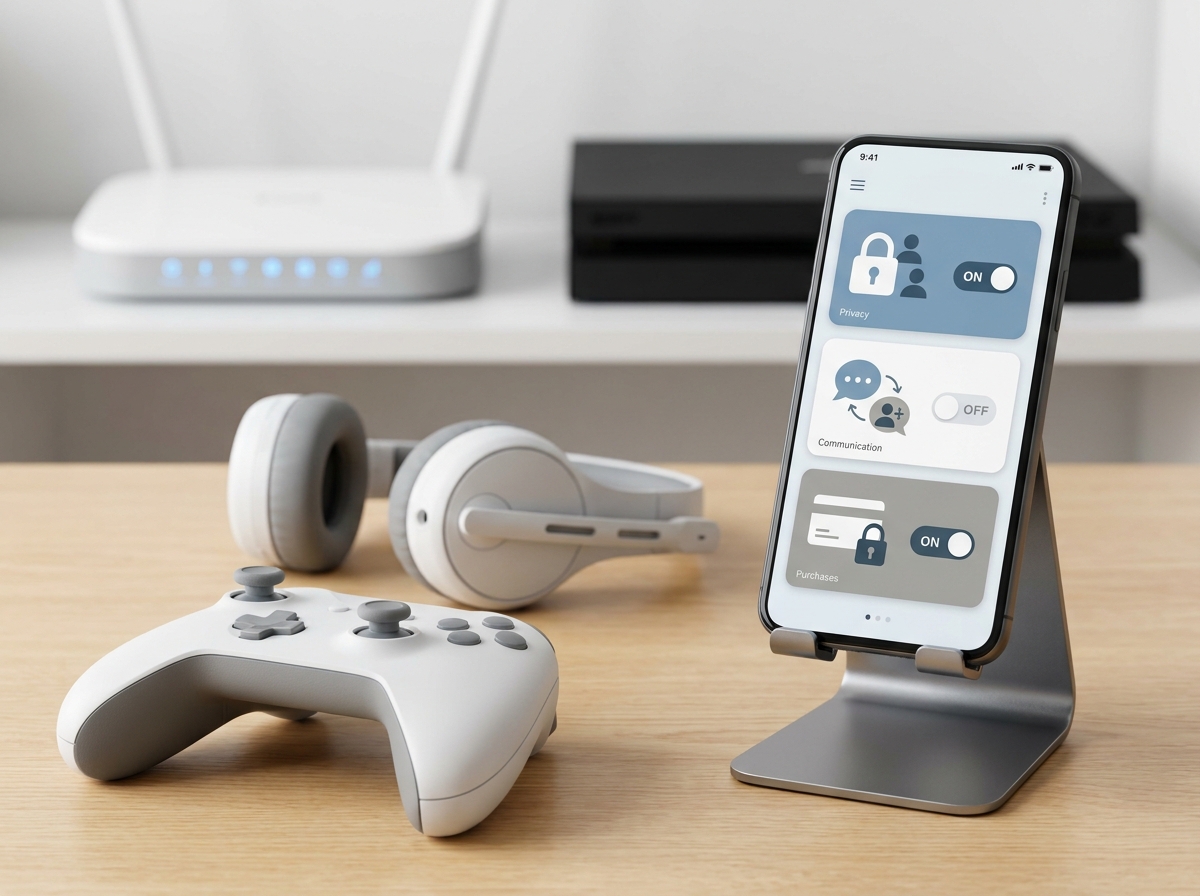 Teléfono con controles de privacidad, chat y compras junto a un mando y unos auriculares.