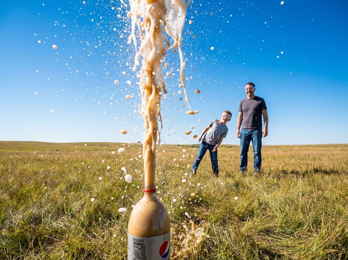Un géiser de refresco sale varios metros de una botella mientras un niño y un adulto observan desde lejos.
