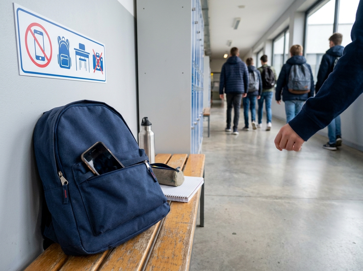 Estudiante guardando el teléfono en el bolsillo cerrado de su mochila antes de entrar en clase.