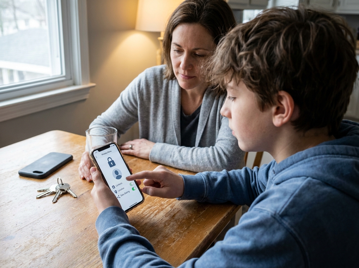 Adolescente y madre revisando juntos los ajustes de privacidad de un teléfono móvil.