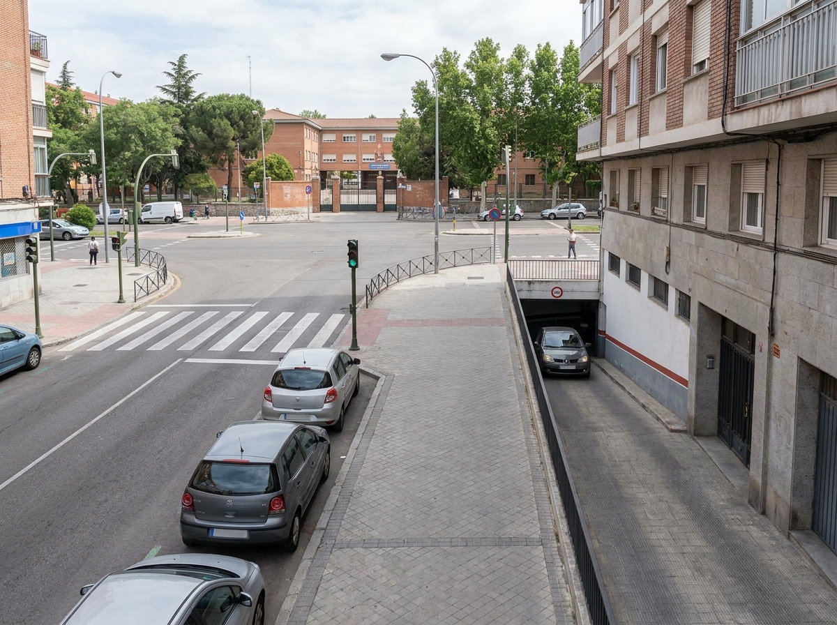 Entorno escolar urbano con paso de peatones, coches aparcados, salida de garaje y varias zonas que requieren atención.